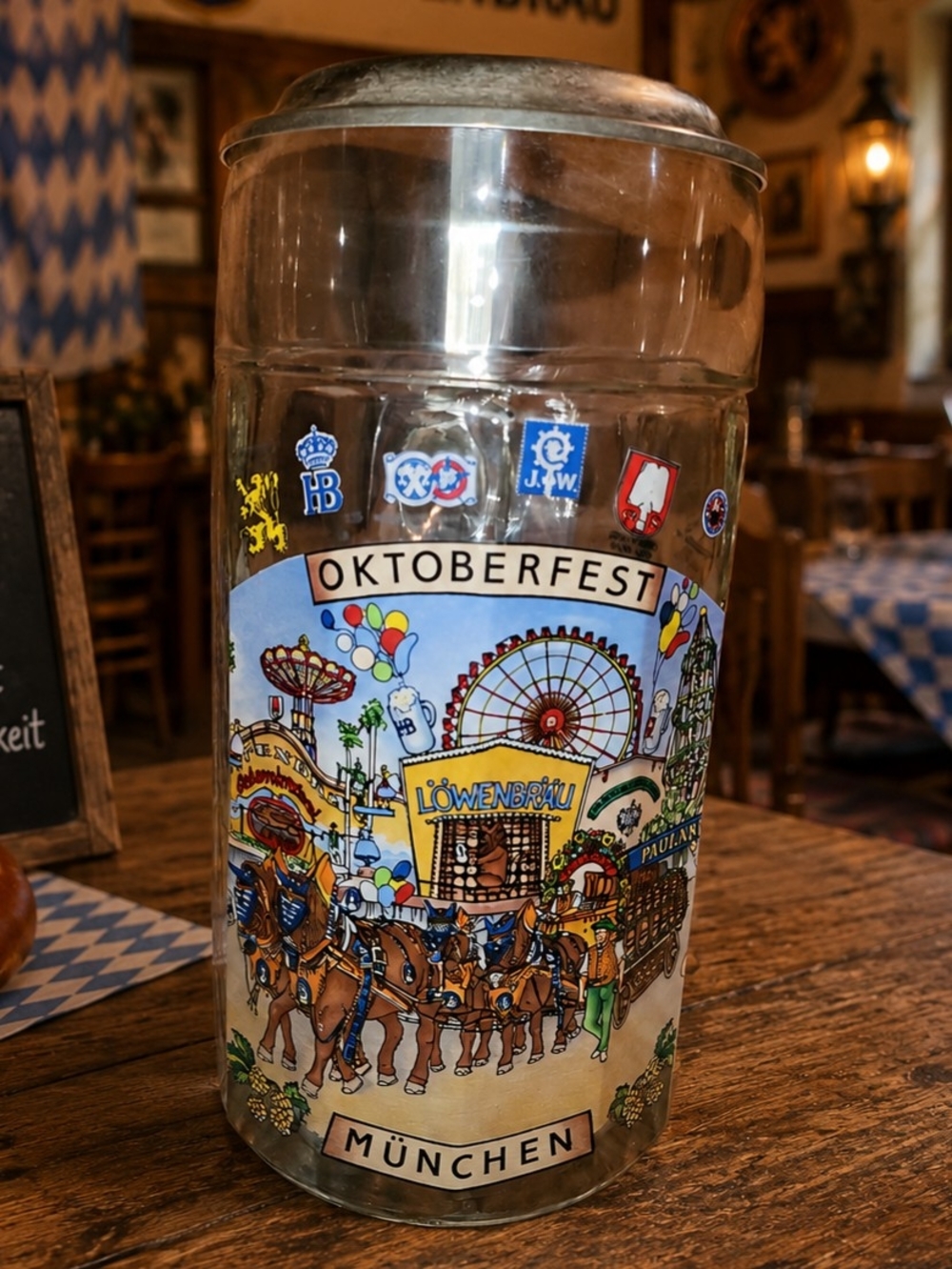 Vintage Oktoberfest München German Glass Beer Stein 95% Zinn Pewter Lid